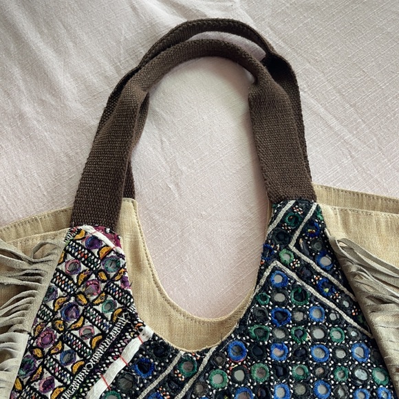 Vintage Antik Kraft Boho Chic bag cotton with leather fringe - Picture 4 of 14